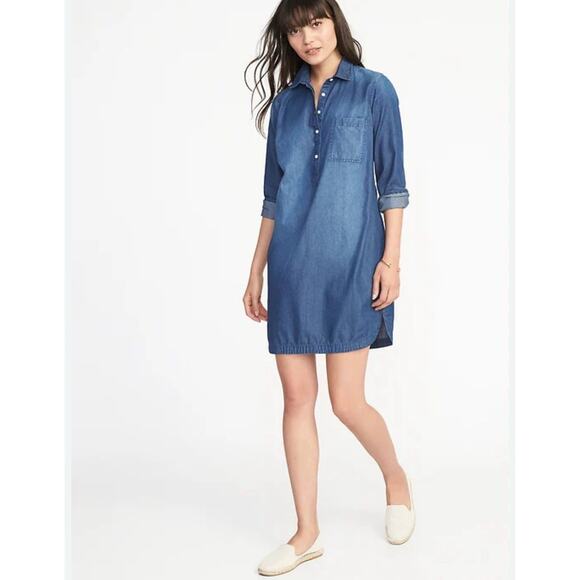 OLD NAVY Shirt Dress L Dark Wash Chambray Denim Shirt Tail Hem Tunic Western EUC - Picture 6 of 6